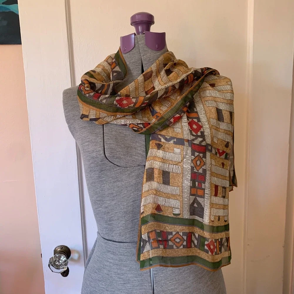 Ellen Tracy Scarf Geometric Tribal Print Earth Tones Sheer Green Tan 60x15